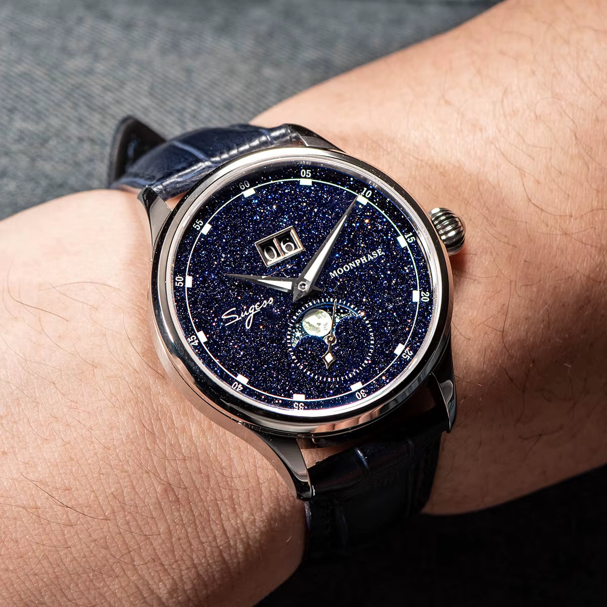 Origin ST2528 Movement Mechanical Wristwatch Men Watch Luxury Real Blue Stone Dial Stainless Steel Case Moonphase Clock