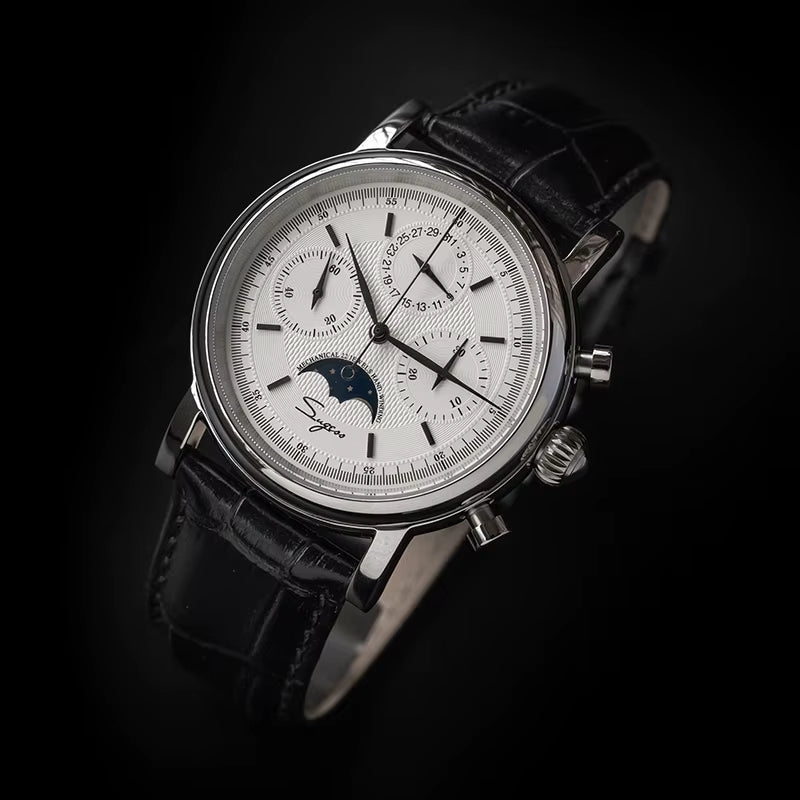 Original Movement ST1908  Men Mechanical Calendar Watch Chronograph Vintage Moonphase Wristwatch Waterproof