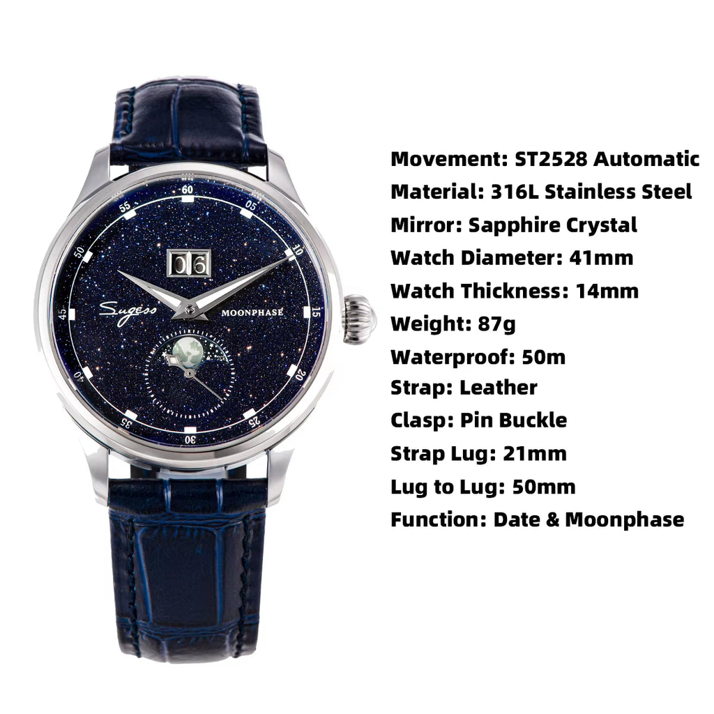 Origin ST2528 Movement Mechanical Wristwatch Men Watch Luxury Real Blue Stone Dial Stainless Steel Case Moonphase Clock