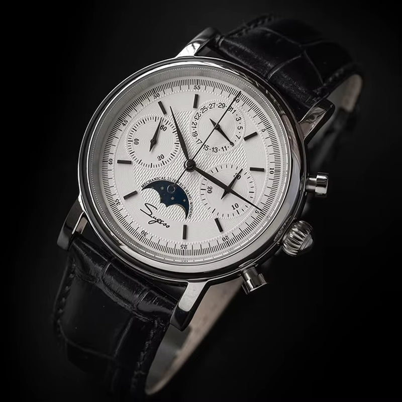 Original Movement ST1908  Men Mechanical Calendar Watch Chronograph Vintage Moonphase Wristwatch Waterproof