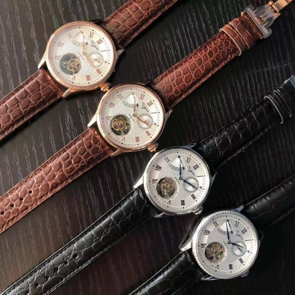 Real Tourbillon Watch Genuine Original ST8001 Movement Mens Calendar Skeleton Gold Diamond Watches Hand Winding/Auto