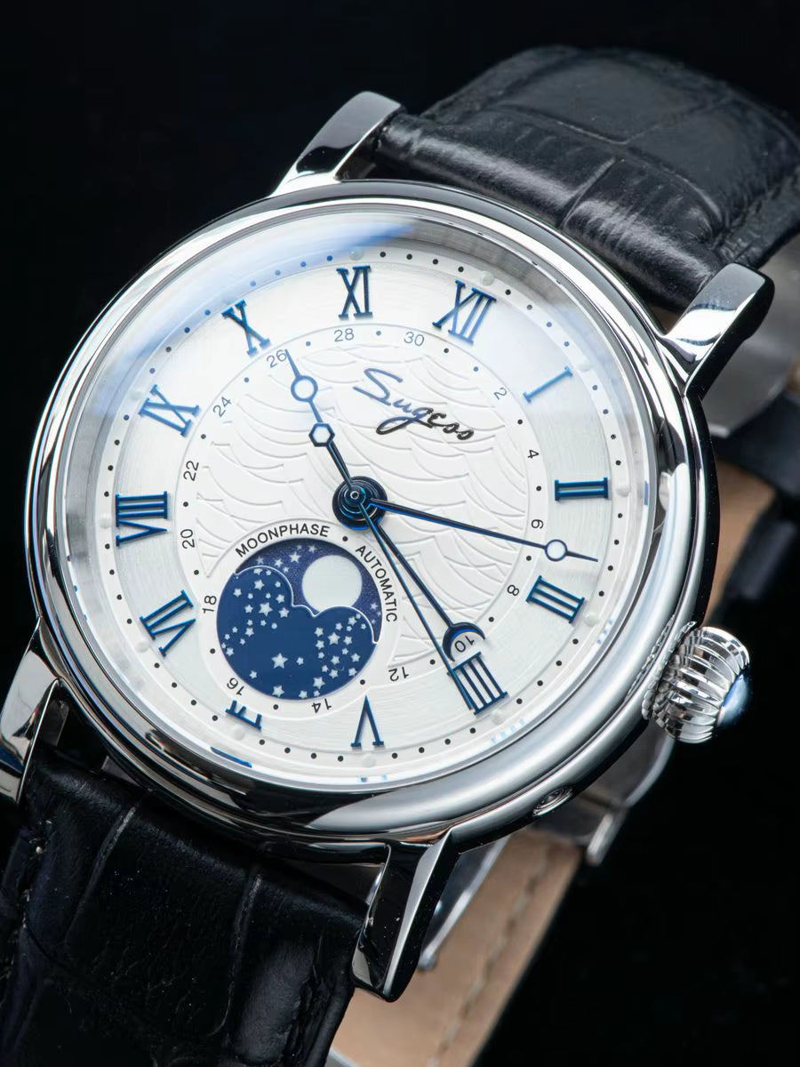 Watches for Men Automatic Mechanical Watch Moonphase Tianjin ST2108 Waterproof Date Hands Sapphire Crystal Rome Wave Dial