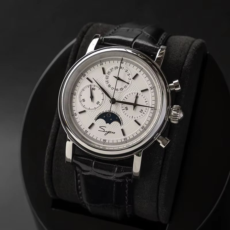 Original Movement ST1908  Men Mechanical Calendar Watch Chronograph Vintage Moonphase Wristwatch Waterproof