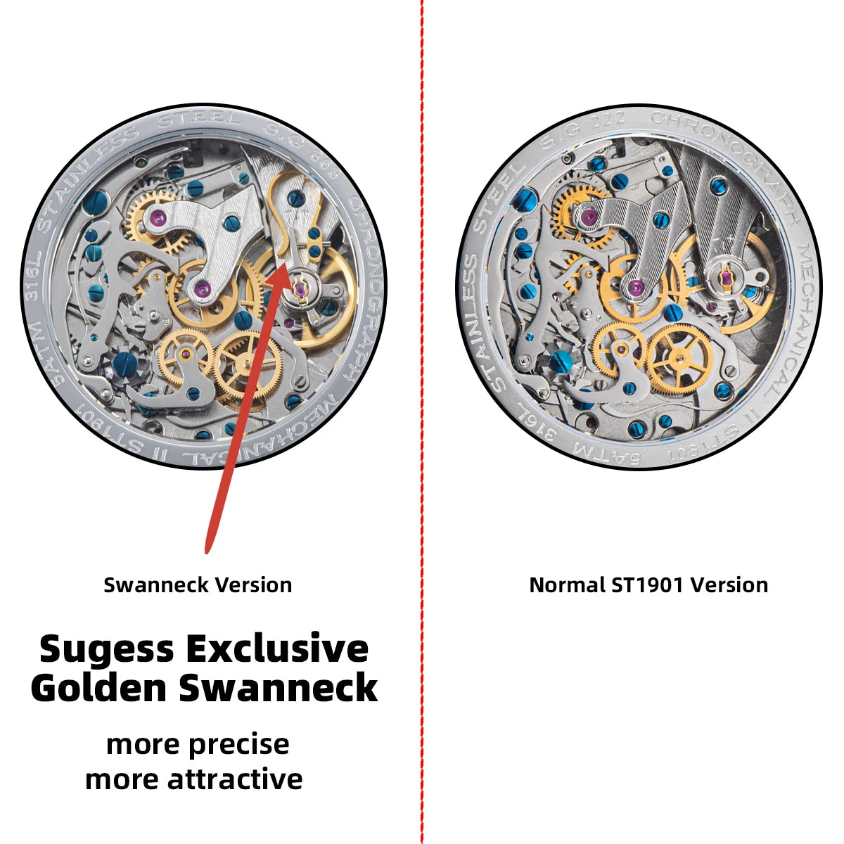 Chronograph Watch for Man ST19 Swanneck Movement Mechanical Wristwatches Sapphire Crystal Pilot Military Racing Clock New