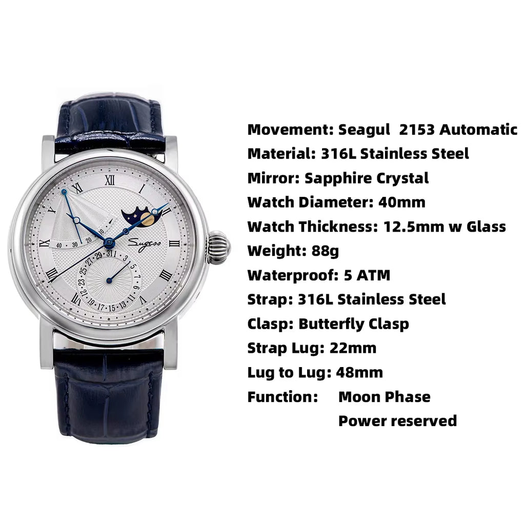 2023  Watch of Men Automatic Mechanical Moon-Phase Wristwatches Power Reserved Sapphire Waterresistant Tianjin Movement