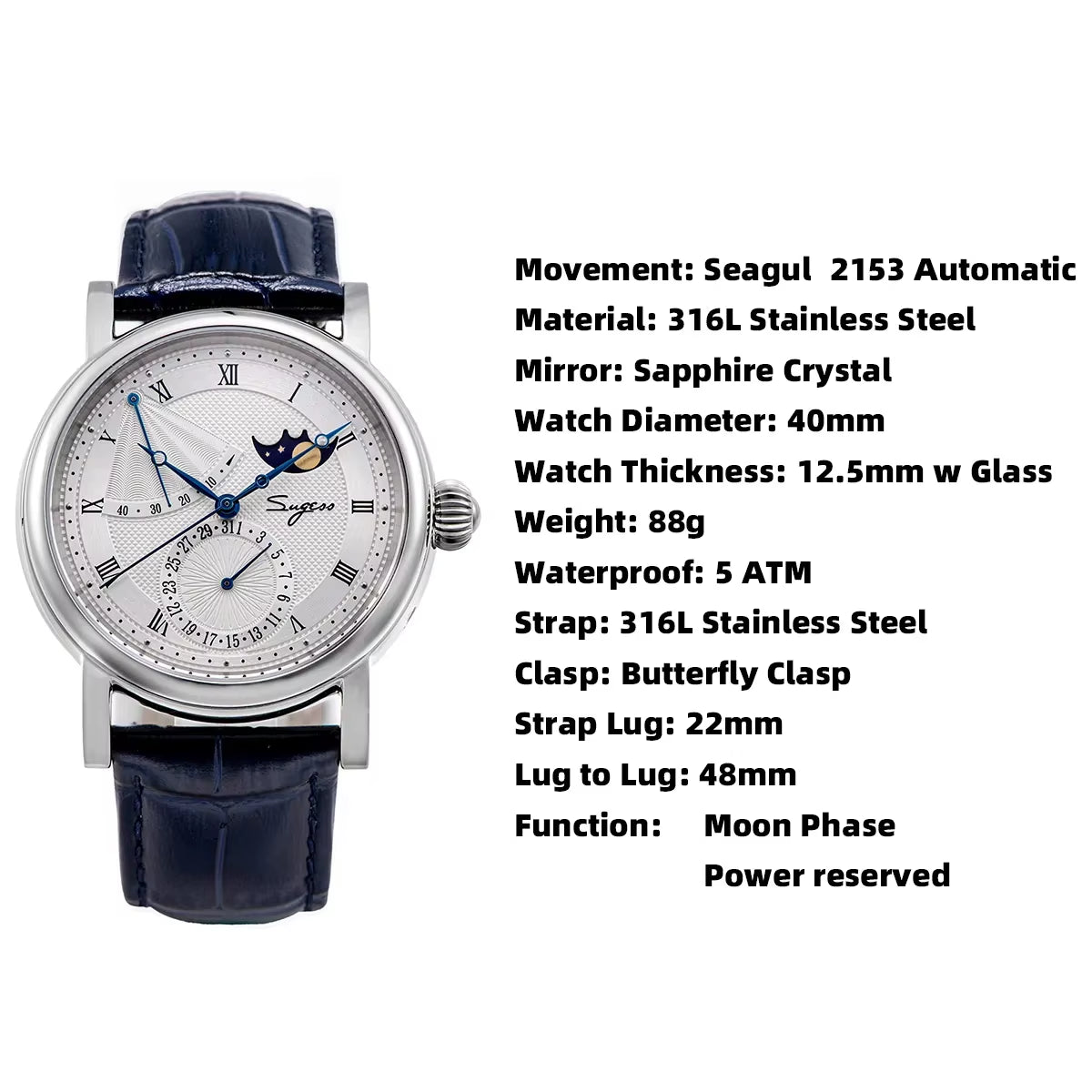 2023  Watch of Men Automatic Mechanical Moon-Phase Wristwatches Power Reserved Sapphire Waterresistant Tianjin Movement