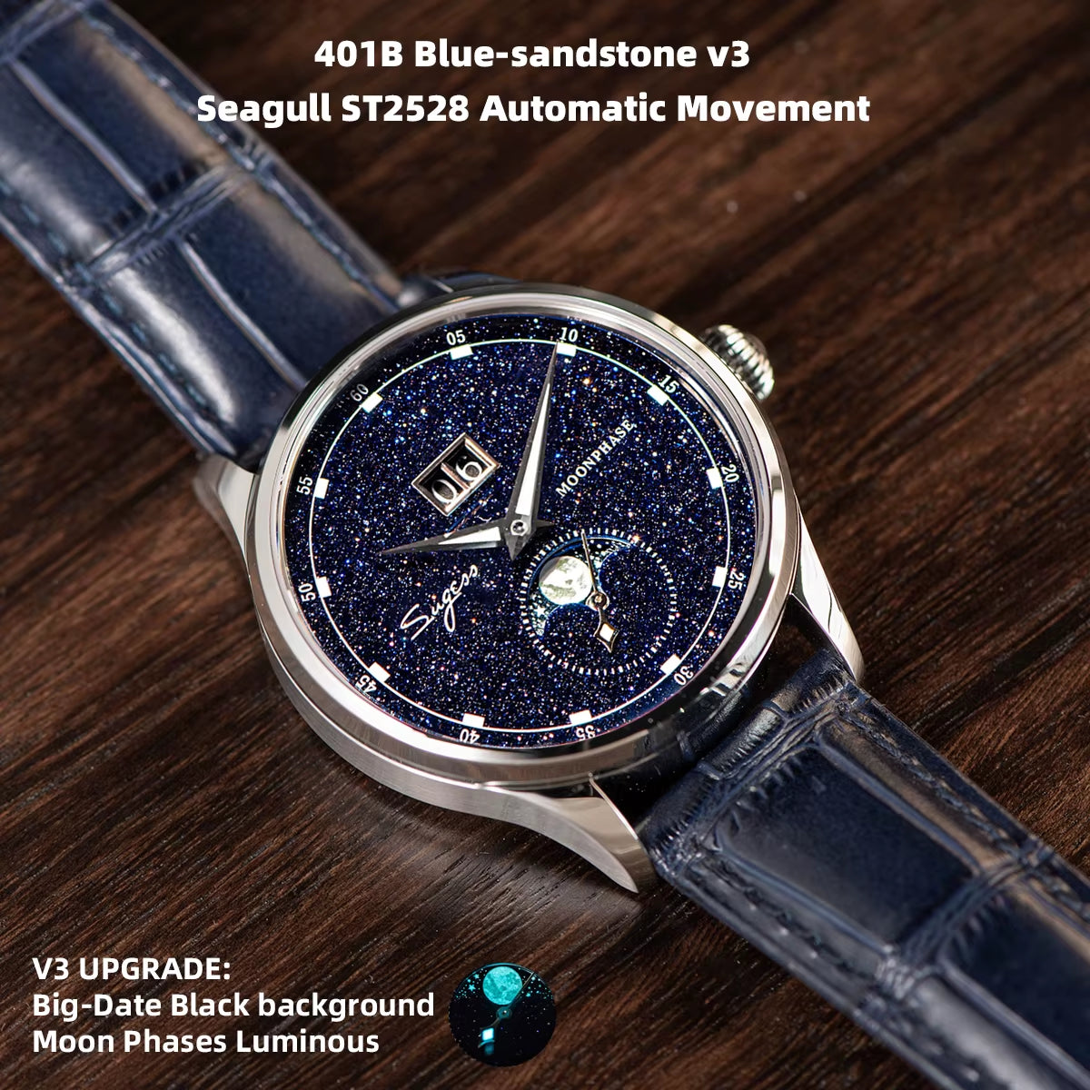 Origin ST2528 Movement Mechanical Wristwatch Men Watch Luxury Real Blue Stone Dial Stainless Steel Case Moonphase Clock