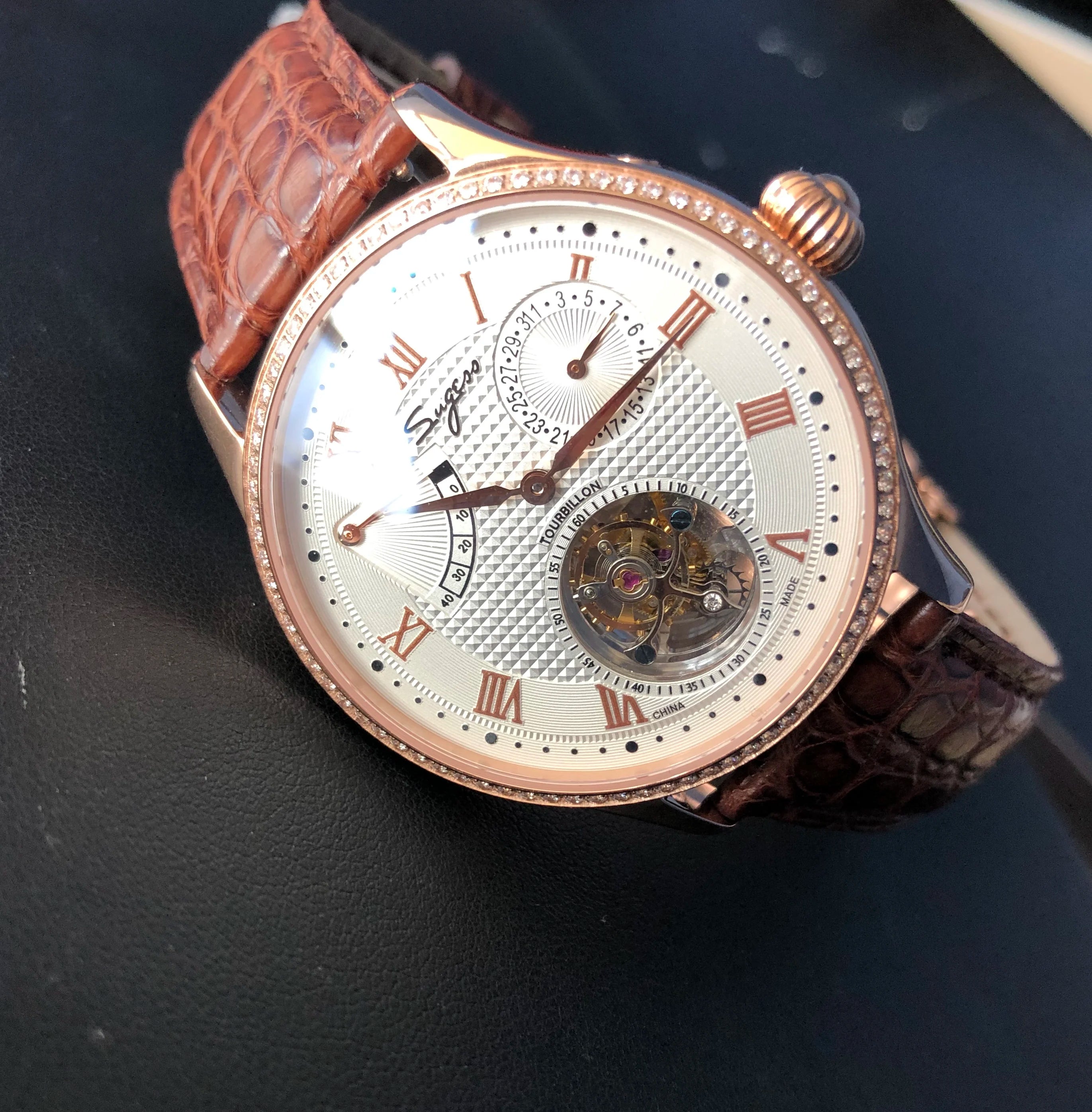 Real Tourbillon Watch Genuine Original ST8001 Movement Mens Calendar Skeleton Gold Diamond Watches Hand Winding/Auto