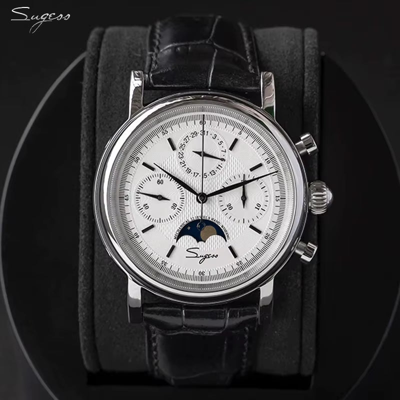 Original Movement ST1908  Men Mechanical Calendar Watch Chronograph Vintage Moonphase Wristwatch Waterproof