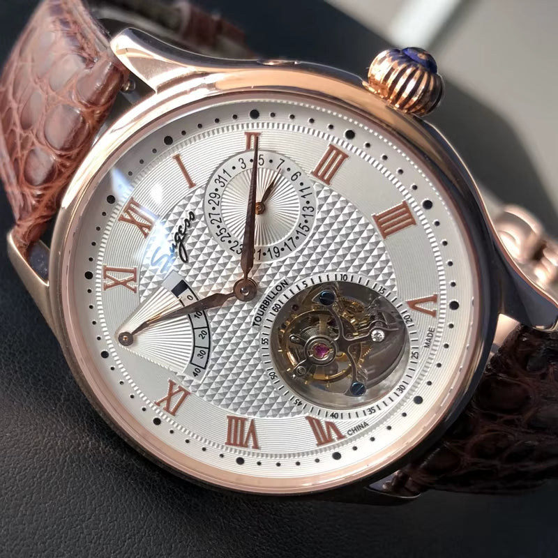 Real Tourbillon Watch Genuine Original ST8001 Movement Mens Calendar Skeleton Gold Diamond Watches Hand Winding/Auto