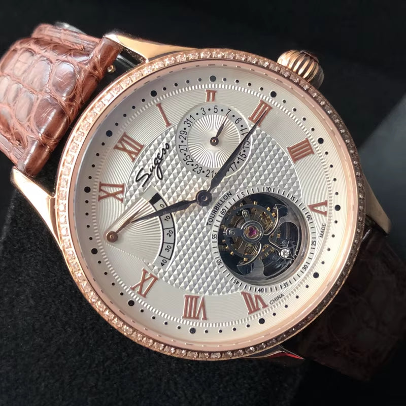 Real Tourbillon Watch Genuine Original ST8001 Movement Mens Calendar Skeleton Gold Diamond Watches Hand Winding/Auto