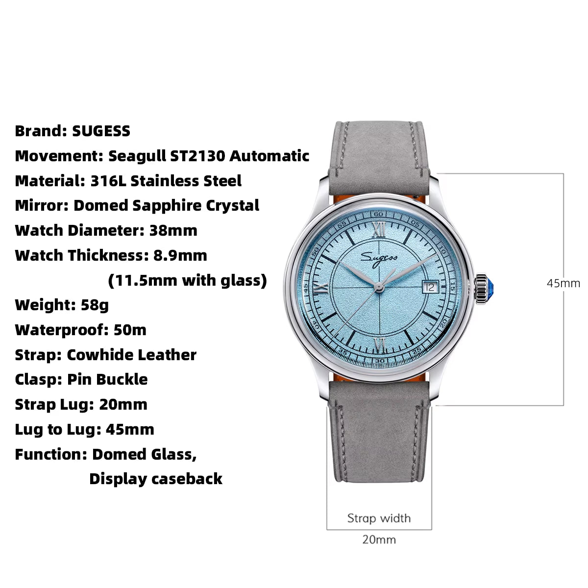Watch Men 38Mm Minimalism Automation Mechanical Wristwatches for Tianjin Movement Dome Sapphire Crystal Simple New 2025