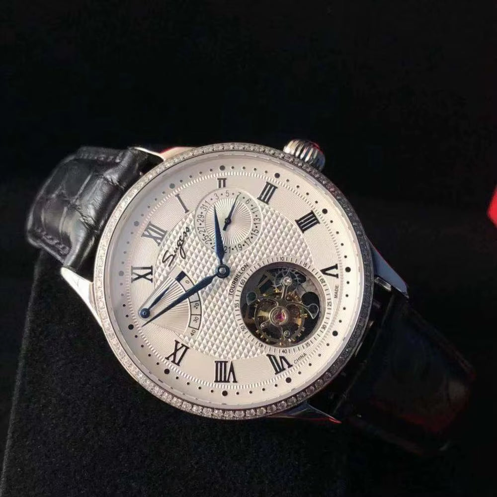 Real Tourbillon Watch Genuine Original ST8001 Movement Mens Calendar Skeleton Gold Diamond Watches Hand Winding/Auto