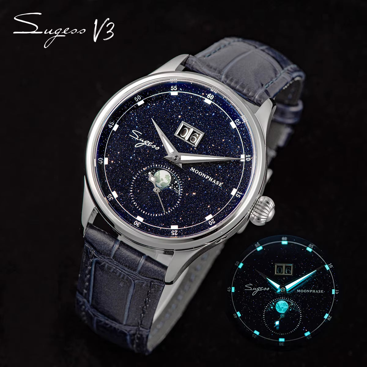 Origin ST2528 Movement Mechanical Wristwatch Men Watch Luxury Real Blue Stone Dial Stainless Steel Case Moonphase Clock