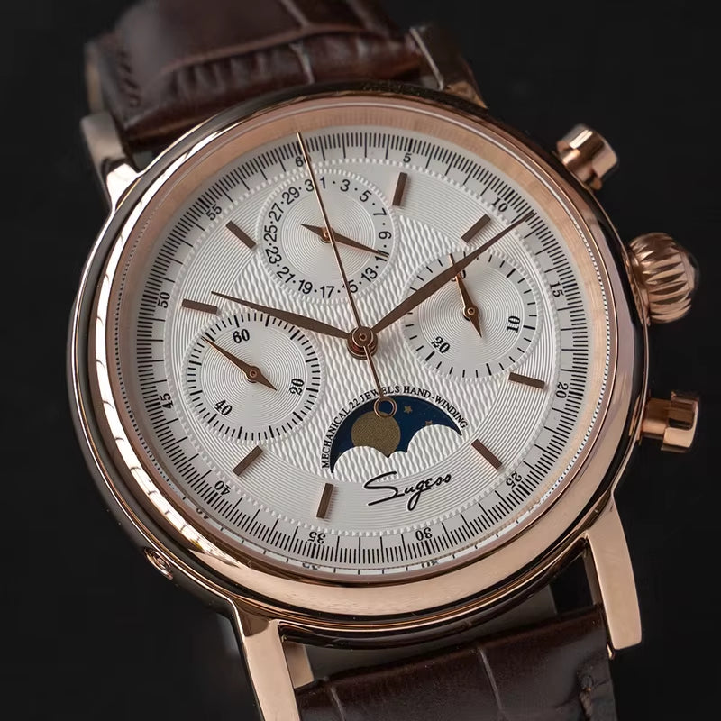 Original Movement ST1908  Men Mechanical Calendar Watch Chronograph Vintage Moonphase Wristwatch Waterproof